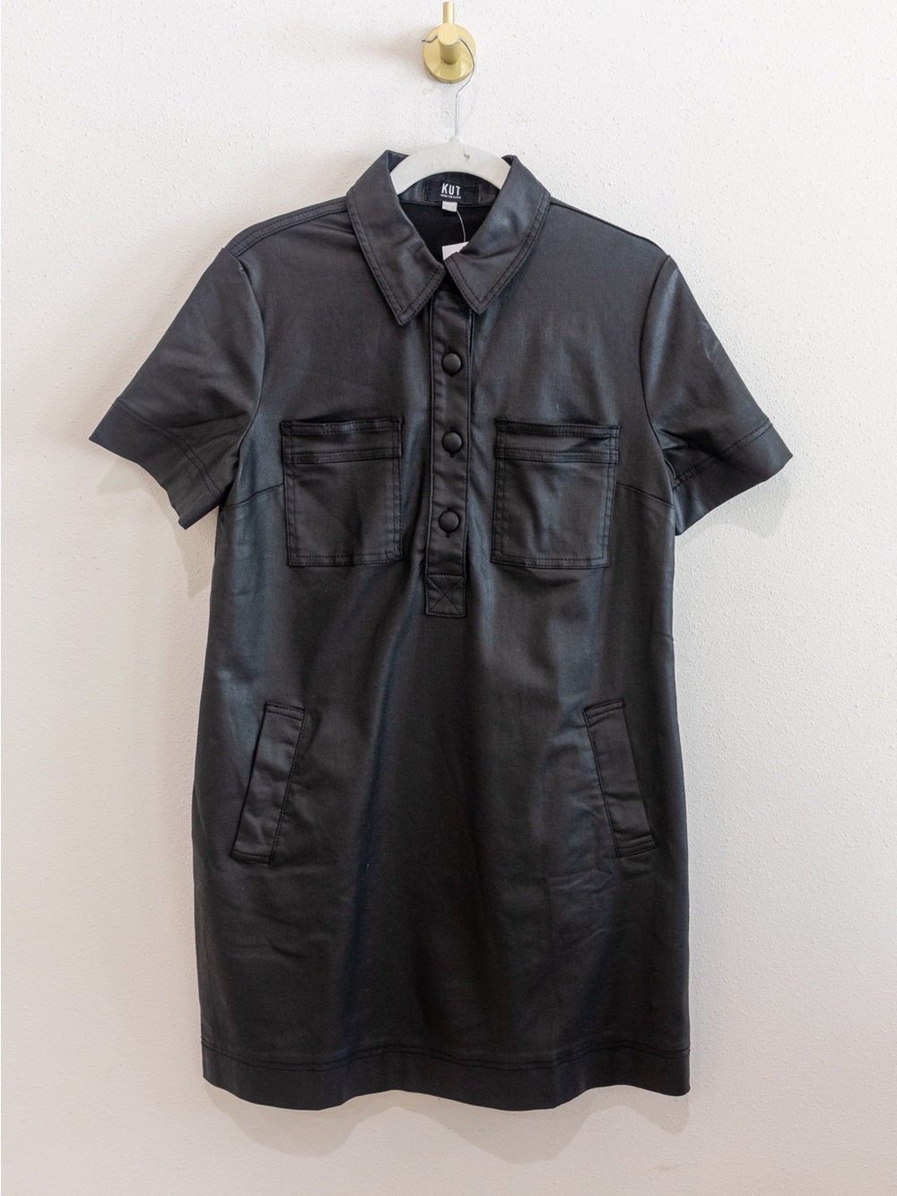 Kut From The Kloth Black Tatiana Faux Leather Mini Shirtdress Size XL NWT